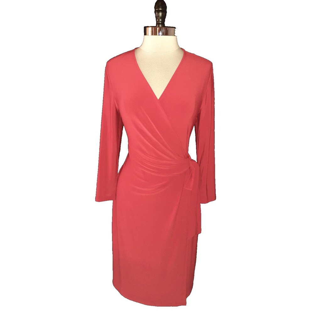 NEW ANNE KLEIN Size L Faux Wrap Dress Red Long Sleeve Stretch Knit Knee Length